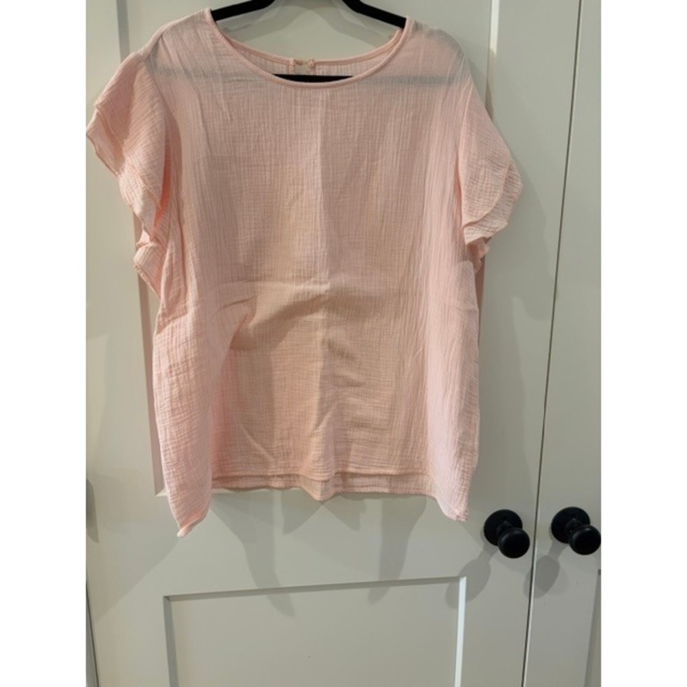 Women Pink Cotton Gauze Flutter Sleeve Blouse XL Ruffle Top Round Neck Keyhole